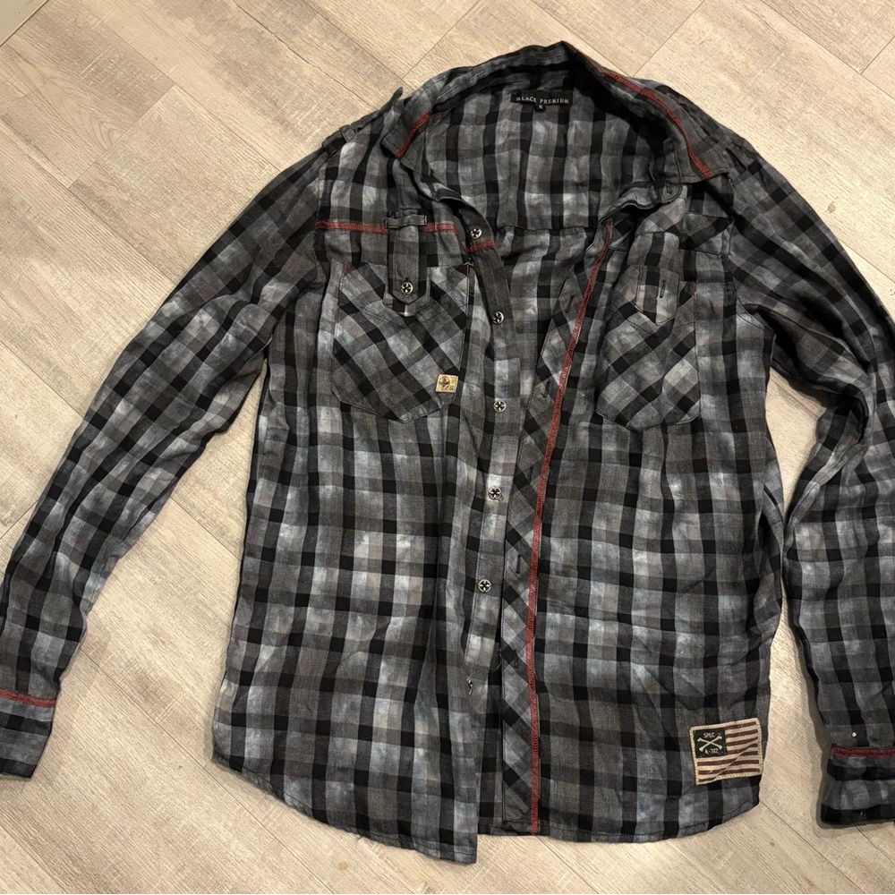 Affliction Black and Gray Checkered Shirt with Red Trim